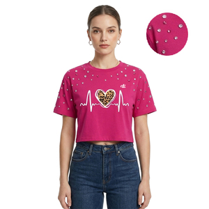 เสื้อยืดคอกลมแขนสั้นประดับเพชรแบบใหม่ เสื้อผู้หญิงพิมพ์ลายตามสั่ง เสื้อครอปผู้หญิงสำหรับฤดูร้อน ผ้าฝ้ายแท้ - Product Image 5
