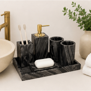 Ensemble d'accessoires de salle de bain en marbre noir avec pompe dorée, distributeur de savon moderne, porte-brosse à dents, fournitures de salle de bain de luxe - Product Image 2
