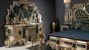 Ensemble de chambre à coucher de luxe en bois de teck massif vert émeraude, style mi-siècle, adapté aux appartements, avec sculptures dorées royales, lit Queen/California - Product Image 6