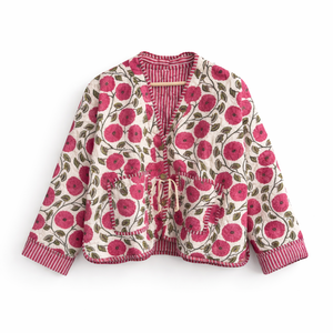 Quilted Kantha Cotton <b>Jacket</b> Floral Hand Block Printed <b>Reversible</b> Boho Women Tie Up Short <b>Jacket</b> Lightweight Outerwear - Product Image 1