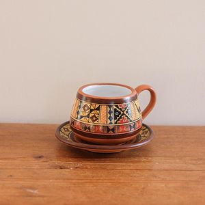 Handmade Terracotta <b>Tea</b> Cup and Saucer <b>Set</b> Vintage Embossed Ceramic Drinkware for Home Office <b>Party</b> - Product Image 1
