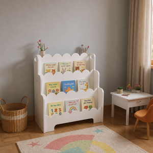 Scandinavian style 3 tier wooden bookshelf with wavy edges crafted from American <b>pine</b> for bedrooms and modern homes. - Product Image 6