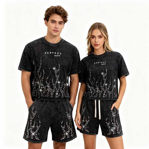 Ensembles de T-shirts pour hommes en coton éponge 480 GSM avec strass, logo frontal, style Hip Hop, manches courtes, séchage rapide, col rond, streetwear, coupe oversize - Product Image 2