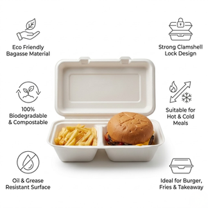 Conteneur alimentaire jetable écologique en forme de coquille |   Boîte à emporter en bagasse pour emballage en vrac, pour plats chauds et froids, burgers et frites - Product Image 5