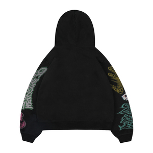 Sudadera con capucha negra extragrande para hombre, estilo streetwear, con cremallera, lavado ácido, con estampado de letras de grafiti personalizado y logotipo personalizado, OEM ODM - Product Image 2