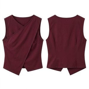 Chemisier de luxe bordeaux personnalisé pour femme, sans manches, à encolure en V, drapé, asymétrique, chic et élégant pour les occasions formelles et les soirées. - Product Image 1