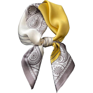 Élégant foulard carré pour femme 100% soie avec motif cachemire gris et jaune, accessoire de mode multifonctionnel toutes saisons - Product Image 1