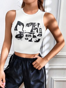 Women's Plus Size <b>White</b> Sleeveless Crop Top with Black Face Print Crew Neck Denim Streetwear Regular Fit Summer Wear Tie-Dye - Product Image 2