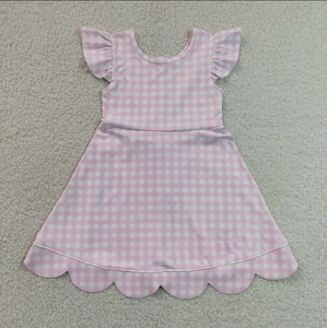 Vestido Casual Rosa a Cuadros para Niñas, Manga Regular, Suave, con Dobladillo Festoneado, Largo hasta la Rodilla, Traje de Verano para Niñas Pequeñas - Product Image 4