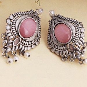 Pendientes Colgantes Clásicos Jhumka de Plata Antigua Oxidada con Circonita Rosa en Forma de Pera, Estilo Bohemio Étnico, Regalo para Mujer - Product Image 2