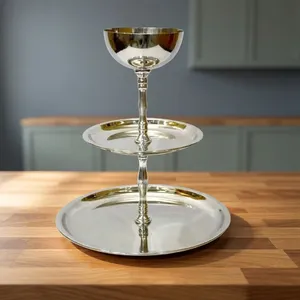 Support de service de luxe en argent à 3 niveaux, support à gâteau en métal, plateau à desserts, cupcakes, pâtisseries, fruits, en-cas pour la maison, les fêtes, les mariages - Product Image 2