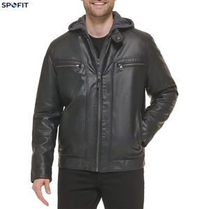 Veste en cuir noir pour homme SPOFIT avec capuche amovible, veste moto en cuir véritable, capuche en polaire amovible - Product Image 1