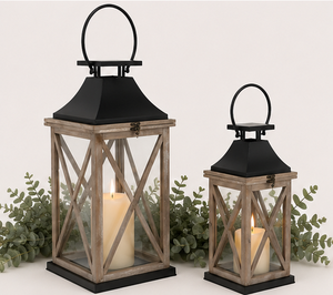<b>Set</b> of 2 Whitewash Wood <b>Lanterns</b> Farmhouse Decorative Candle Holders for Indoor Outdoor Home Decor Vintage Patio Accents - Product Image 6