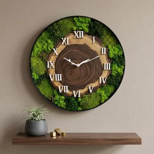 Handmade Wooden Wall <b>Clock</b> with Moss Forest Inspired Roman Numeral Timepiece Rustic Wood Slice <b>Clock</b> with Moss Unique Wall Decor - Product Image 6