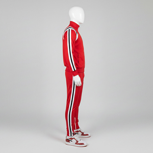 Ensemble de survêtement rouge à capuche pour homme, veste zippée et pantalon de jogging, logo personnalisé, design rayé, tenue de sport décontractée légère en deux pièces - Product Image 3