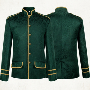 Blazer vert jacquard tendance style victorien avec bordure tressée dorée, col mandarin, tenue de scène gothique steampunk - Product Image 1
