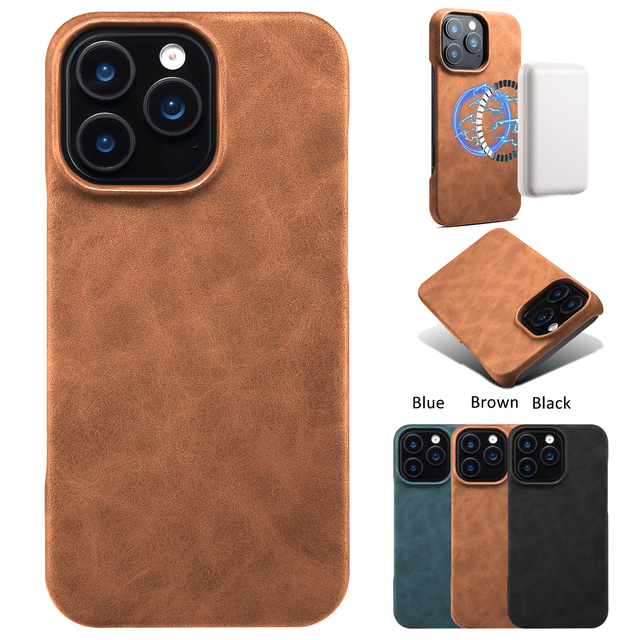 PU Retro Faux Leather Magnetic Charging Shockproof Phone Case with Camera Lens Protection for Apple 17/16/15/14/13 Series