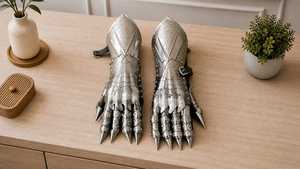 Gants en acier inoxydable plaqué argent, style antique moderne, armure polie en relief, objet de collection artistique, forme irrégulière - Product Image 3