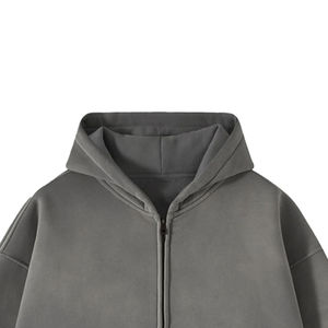 Nouveau sweat à capuche zippé épais 100 % coton délavé en molleton bouclette pour homme, coupe ample et vieillie - Product Image 4