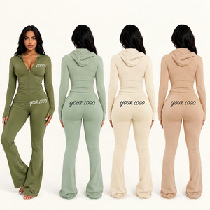 Custom Women's Modern Tracksuit Zip Up Jacket Flare <b>Leggings</b> Pants Two Piece Fitness Fashion Sportswear Outfit - Product Image 1