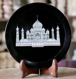Ensemble de 6 dessous-de-verre en marbre noir de qualité export avec impression Taj Mahal blanc - Product Image 1