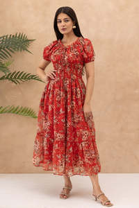Robe midi en mousseline rouge à imprimé floral avec manches courtes, coupe trapèze ample, style bohème, col rond, taille élastique, pour le quotidien, respirante, idéale pour l'été - Product Image 3