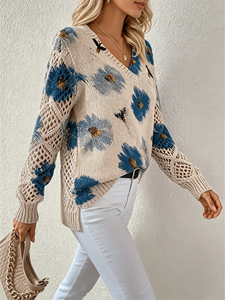 Tendance du moment : Pull ample à col en V et manches longues pour femme, imprimé floral et abeilles, ajouré, style vintage décontracté - Product Image 2