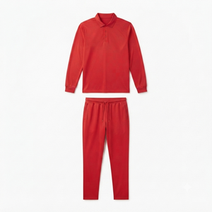 Ensemble de survêtement décontracté pour homme, polo rouge à manches longues et pantalon à cordon de serrage, couleur unie, coupe classique, 100% coton, vêtements de printemps - Product Image 4
