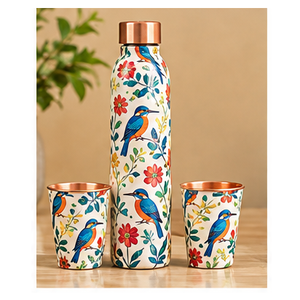 Ayurvedic Copper <b>Water</b> <b>Bottle</b> Set with Floral Design Portable Travel <b>Thermos</b> and Cups Navy Blue - Product Image 5
