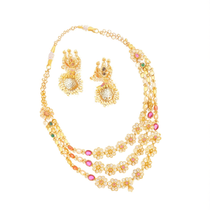 Navarathna 18K Gold Plated Three Layer Bridal Necklace Set with Zirconia Earrings - Product Image 2