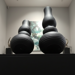 Ensemble de 2 vases à fleurs noirs mats, texturés horizontalement, style totem, vases en porcelaine modernes et hauts, décoration de table pour la maison - Product Image 3