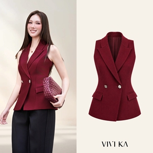 Gilet de costume élégant pour femme, rouge, sans manches, à double boutonnage, col cranté, bouton unique, style bureau, en laine peignée JAMES - Product Image 1