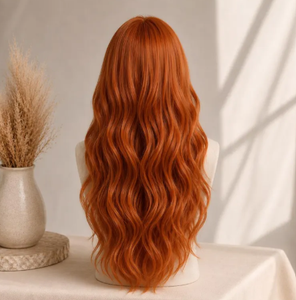 Perruque synthétique de haute qualité, rouge gingembre, lisse, avec frange soignée, aspect naturel, en fibres, prix de gros - Product Image 4