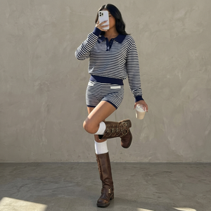 Summer Eco-Friendly Knitted Striped Polo Collar Knee Button Pajama Set Breathable Loose-Fitting Casual Sporty Short Sleeve Women - Product Image 4