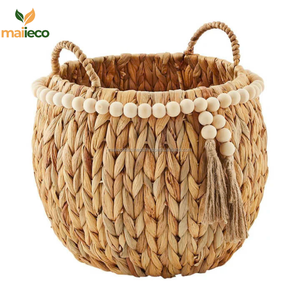 Panier de stockage d'eau en jacinthe vintage fait à la main avec poignées tressées forme ronde élégante facile à transporter pour la décoration intérieure - Product Image 2