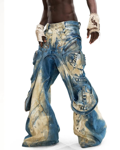 Jean en denim pour homme en coton de haute qualité, coupe large, style streetwear hip-hop, avec broderie, fermetures éclair et œillets, effet délavé vintage, personnalisable OEM ODM - Product Image 5