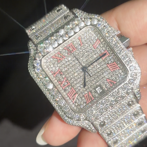 100% <b>Diamond</b> Tested Sparkling VVS Square Moissanite <b>Watch</b> Hip Hop Style Stainless Steel Pink Dial Mechanical <b>Watch</b>. - Product Image 1