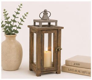 Farol Decorativo de Madera Estilo Rústico con Tapa de Metal Galvanizado, Portavelas de Madera Envejecida para Decoración del Hogar - Product Image 6