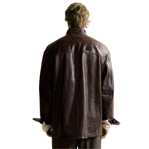 Blouson utilitaire homme en cuir véritable marron foncé, col montant, fermeture éclair dissimulée, patte de boutonnage à pression, multiples poches à rabat, coupe décontractée - Product Image 2