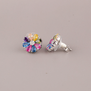Flower Shape <b>Stud</b> <b>Earrings</b> With Multicolor <b>Crystal</b> Rhinestones Silver Plated Alloy Women's Cute Jewelry Gift - Product Image 1