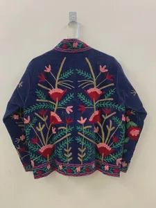 Veste en velours bleu marine pour femme, brodée à la main, style vintage bohème, travail floral au fil, ouverte sur le devant, manteau d'hiver, veste de soirée - Product Image 3