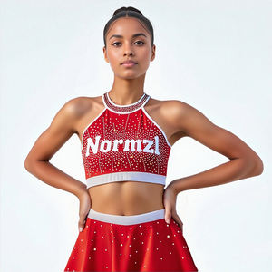 Ensemble d'uniformes de cheerleading sur mesure, directement de l'usine, pour femmes, rouge et noir, costume de danse, décoration en strass - Product Image 2