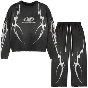 Men's Black Jacquard Knitted <b>Sweater</b> <b>Set</b> Crew Neck Pullover Long Sleeve Top and Elastic Waist Cotton Terry Pants Autumn/Winter - Product Image 4