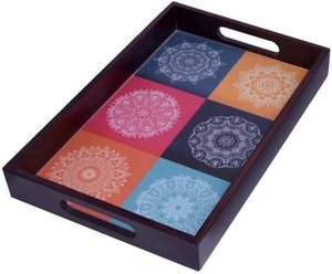 Plateau de service en bois artisanal avec motifs imprimés en émail, plateau de service pour hôtel, plateau de service pour dîner, utilisation de qualité supérieure - Product Image 2