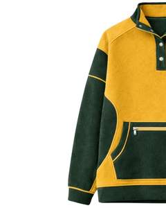 Sudadera con capucha de forro polar para mujer, amarilla y verde oscuro, extragrande, con cuello alto y botones a presión, informal de invierno, personalizada, con bolsillo con cremallera - Product Image 3