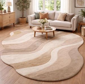 Luxury Modern Wool Anti-Slip Medium Pile Tufted Regular Area Rug Cream Beige Tan Abstract Wave Shaped Living Room Bedroom - Product Image 1