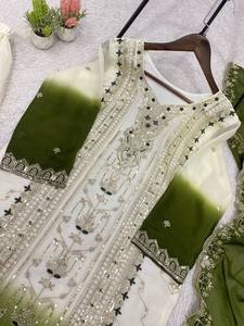 Green <b>White</b> Embroidered Georgette Indian Pakistani Set Long Sleeve Anarkali Top Net <b>Palazzo</b> Dupatta Quick Dry Wedding Festival - Product Image 4