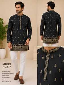 Kurta Marrón para Hombre con Detalles Bordados, Cuello Mandarín, 100% Algodón, Ropa Formal de Otoño - Product Image 3