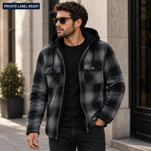 Nouvelle Veste Chemise Homme Hiver Chaude en Polaire Décontractée à Capuche, Motif Écossais, Grande Taille, Écologique, Style Streetwear, en Flanelle Collée, Vente en Gros - Product Image 3