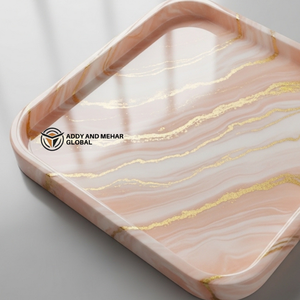 <b>Warm</b> Orange & Soft Pink Marble Effect <b>Tray</b> with Gold Border | Contemporary <b>Tray</b> - Product Image 2